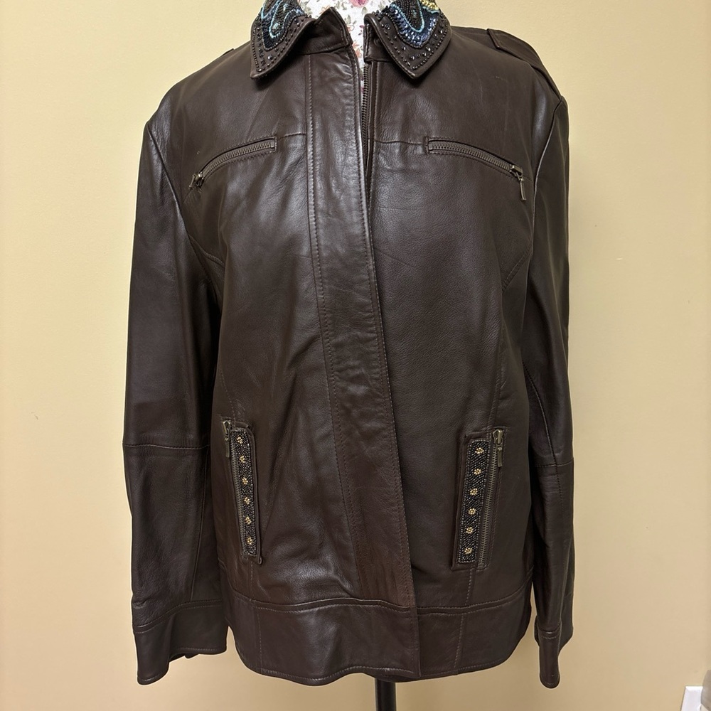 Chico's Faux Leather Brown zip Closure Jacket 3